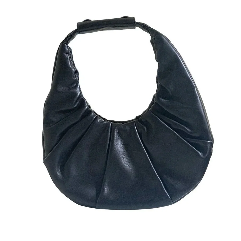 Staud Soft Moon Bag Black Leather‎ Ruched Crescent Hobo Handbag Small